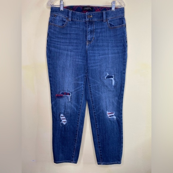 Talbots Flawless Five Pocket Boyfriend Style Distressed Plaid Patches Size 8P - Picture 1 of 7